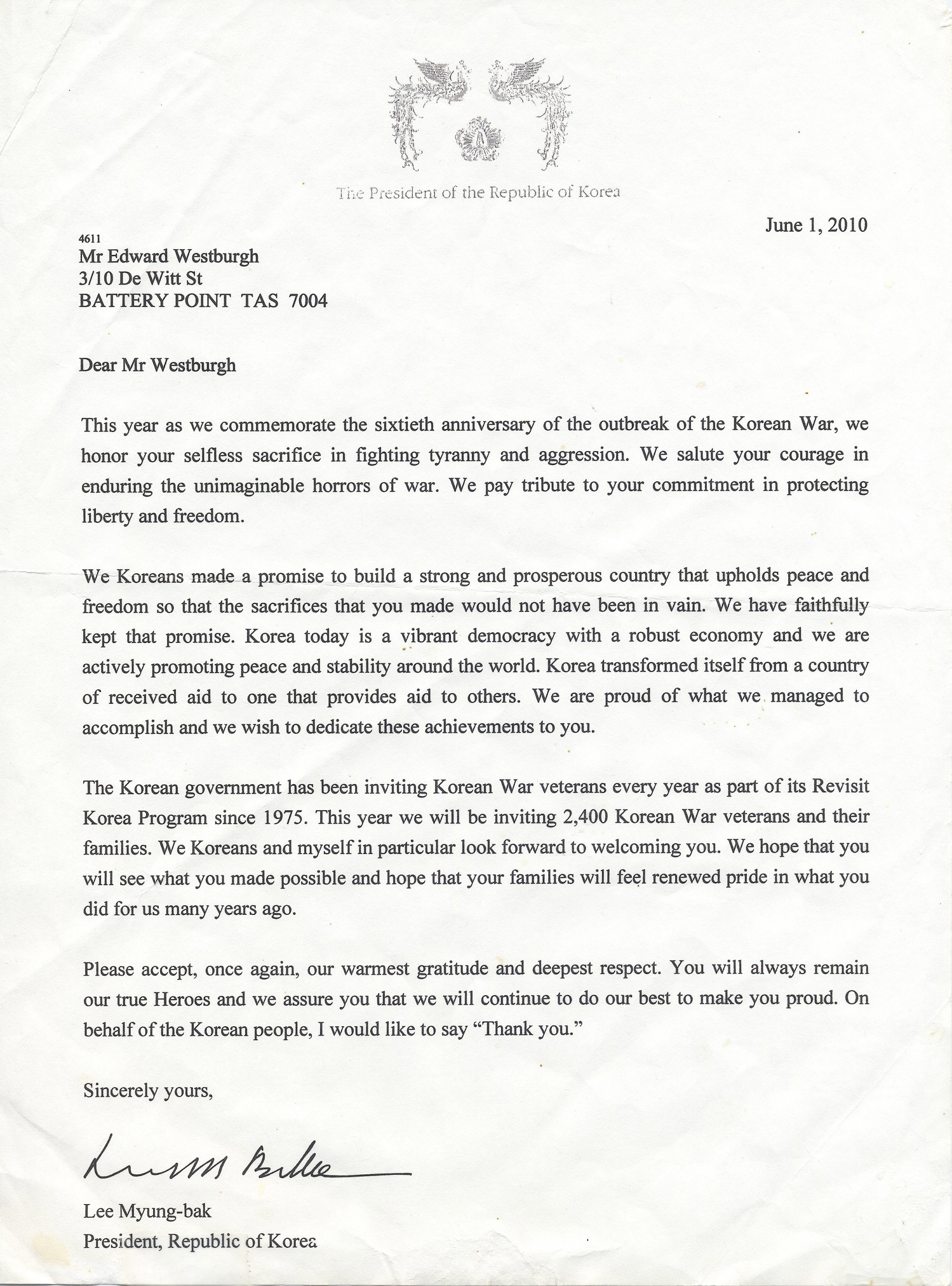 Letter from Korean President